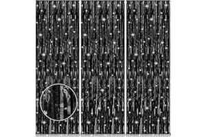 Accevo 3Pack Black Foil Fringe Curtains Party Streamers 3.2ft x 8.2ft Door Streamer Tinsel Streamers Black Party Decorations Photo Booth for Halloween New Year Holiday Celebration Party Decoration