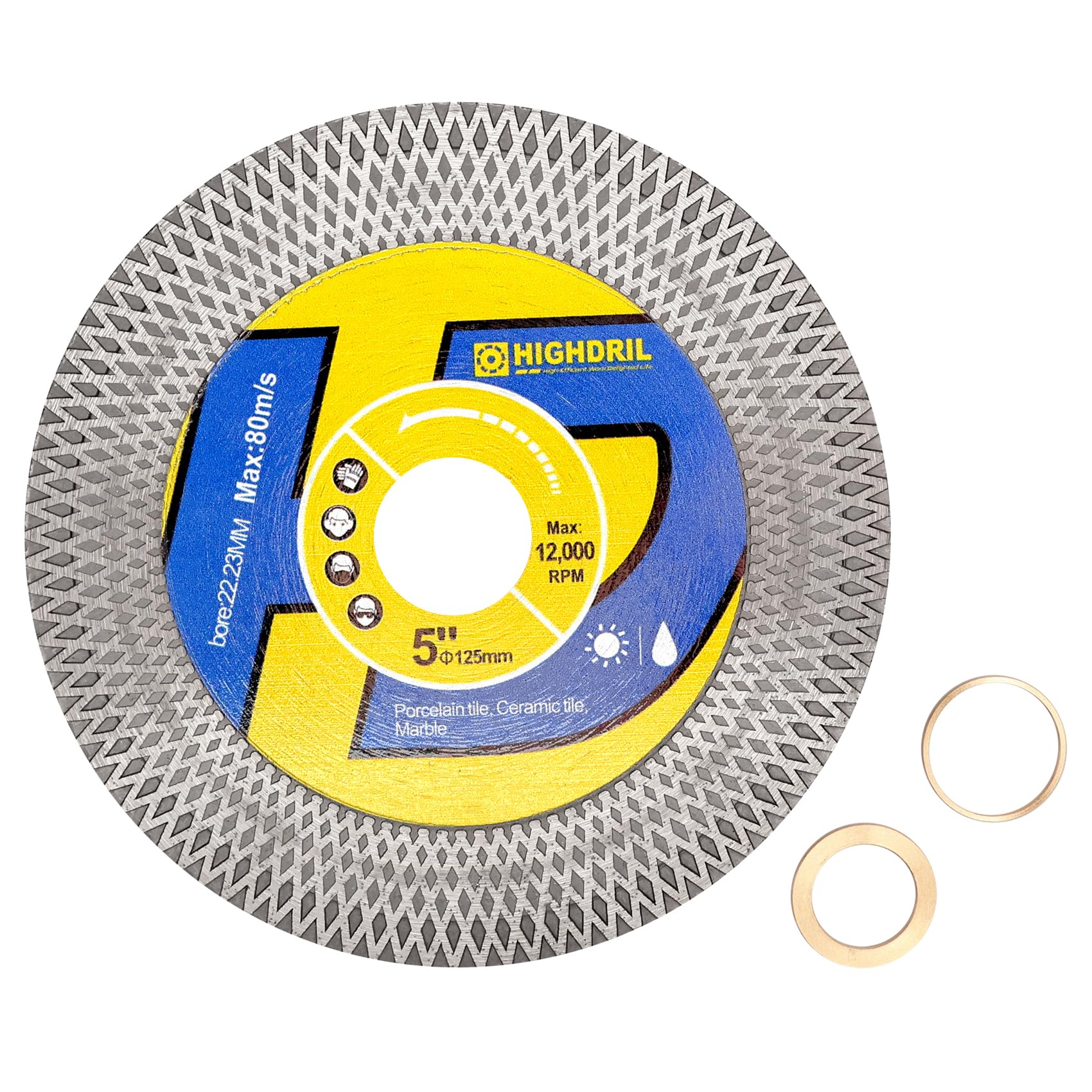 HIGHDRIL Tile Diamond Saw Blade Cutting Disc Wheel 5"/125mm for Dry/Wet Cutting & Grinding Porcelain Granite Marble Ceramic Artificial Stone