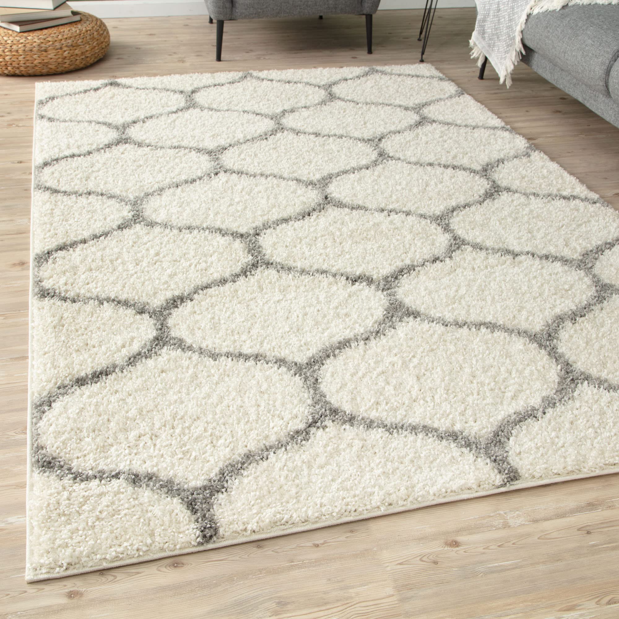 THE RUGS Shaggy Rug – Modern Moroccan Design Rugs for Living Room, Bedroom, Hallway, 3 cm Thick Area Rugs, (Trellis Ivory/Grey, 120x170cm)