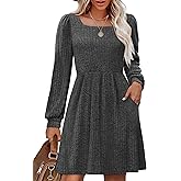 OFEEFAN Womens Knit Sweater Dress with Pockets Square Neck Long Sleeve Dresses