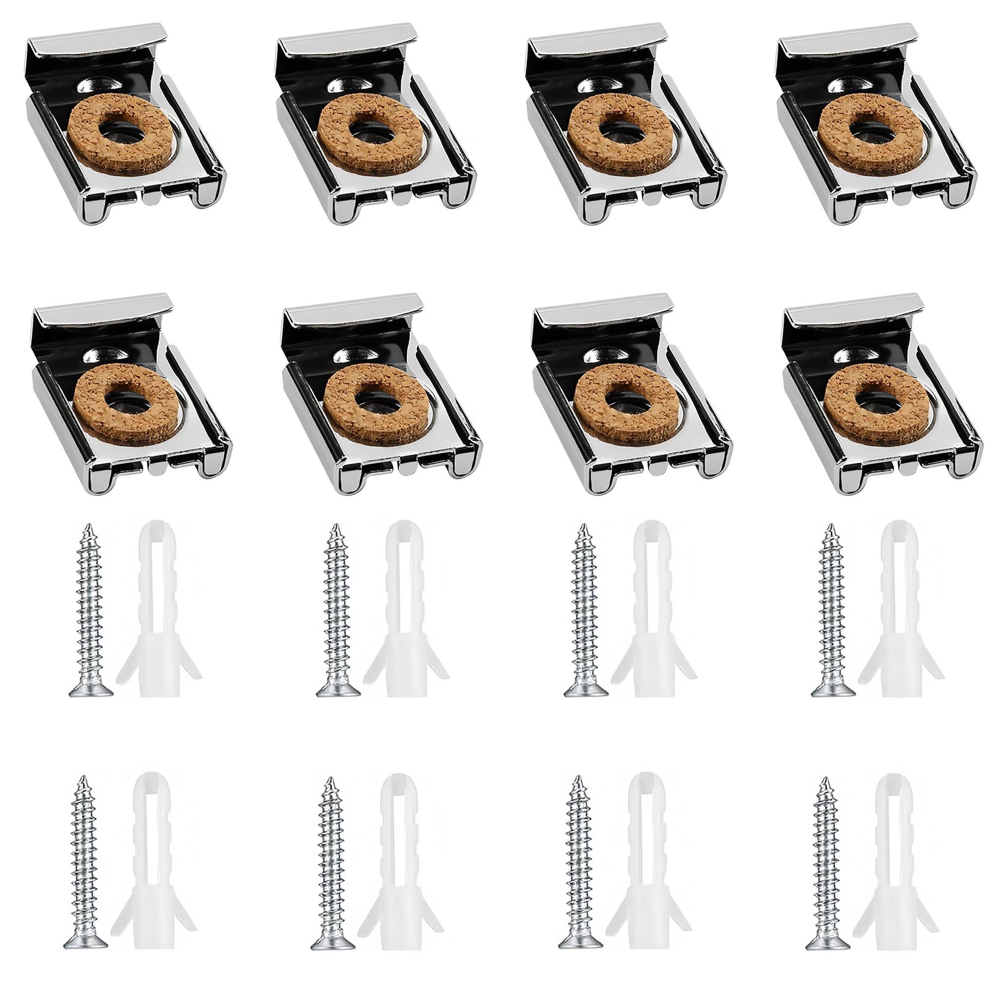 8 pcs Mirror Hanger Clips, Mirror Brackets Frameless Mirror Glass Wall Hanging Fixing Kit, Spring Loaded Mirror Clips Mirror Clip with 8 Sets of Screws and Pins for Home Bathroom Living Room (Silver)