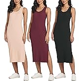 Real Essentials 3 Pack: Women's Ribbed Knit Sleeveless Crew Neck Tank Casual Midi Shift Dress with Slit