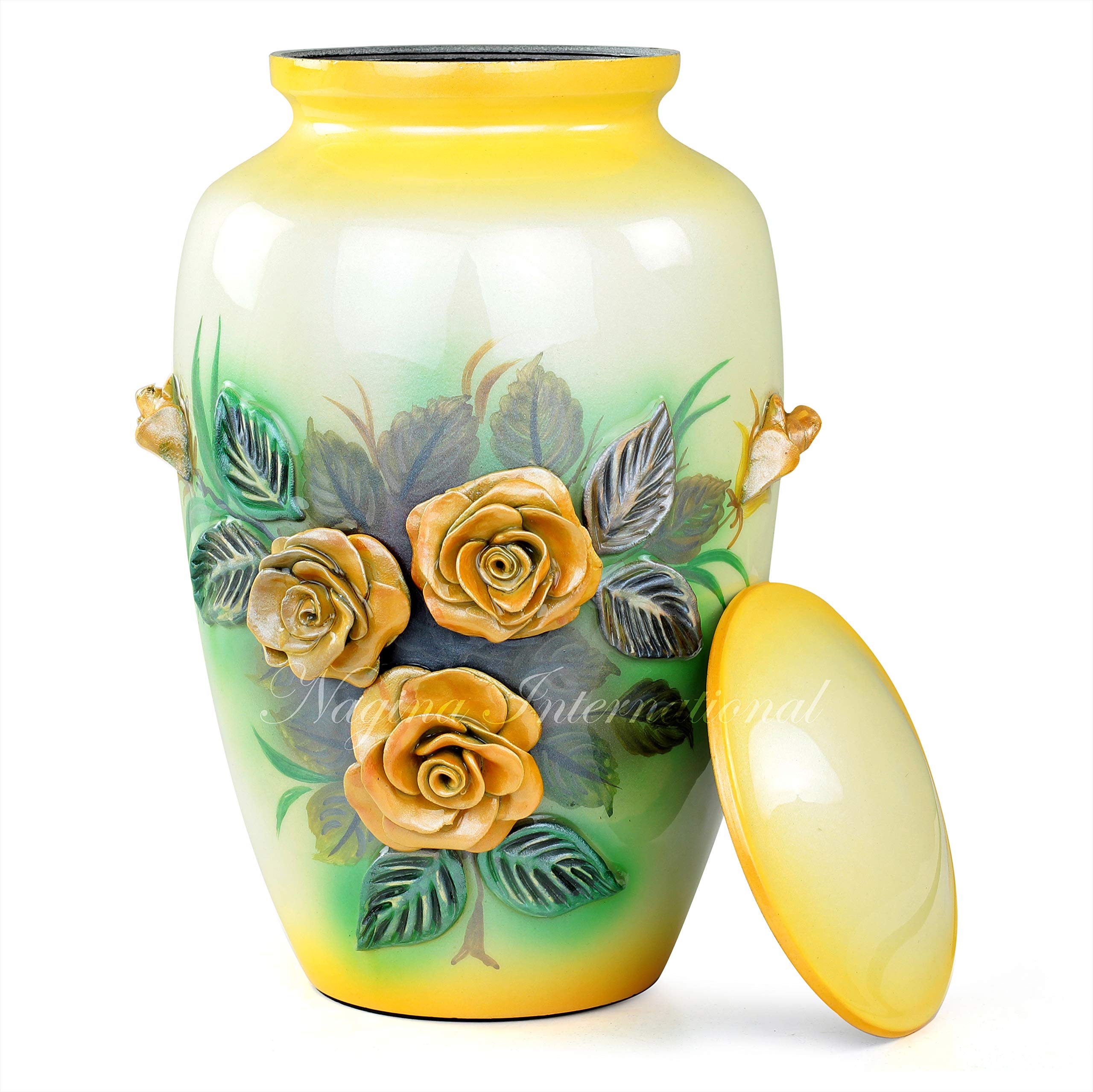 Photo 1 of 11" 3D Carved Decorative Flowers Aluminum Metal Cremation Urns for Human Ashes | Hand-Crafted Large Urn for Adult Cremation (Yellow Roses)