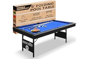 SereneLife 6-Ft Folding Pool Table - Best in Stability - Steel Frame, Fully Supported Slate, Welded Leg Supports with Safety Anti Collapse Locks, 128LB Heavy Duty Billiard Game and Accessory Set
