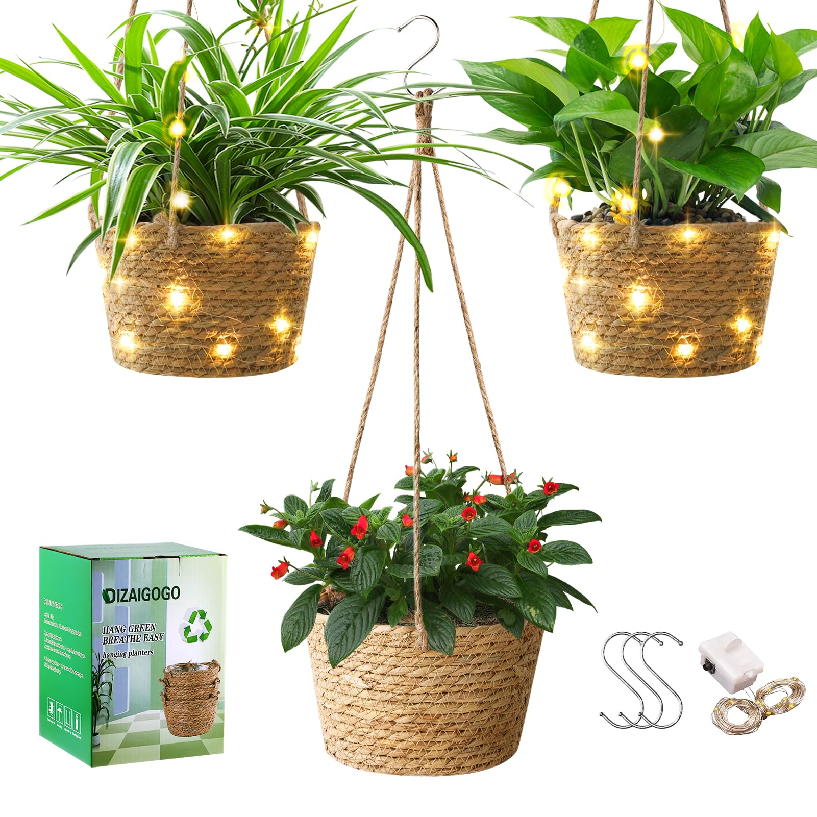 Photo 1 of 3 Pack Hand Woven Hanging Planters for Indoor Plants, 8 Inch Hanging Baskets, Plant Hanger Indoor, Wall Baskets with Light, Hanging Flower Pots with 3 Hooks, Macrame Plant Hanger for Garden Home Decor