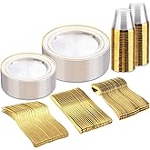bUCLA 150Pcs Clear Gold Plastic Dinnerware Set - Clear and Gold Disposable Plates Include 25 Dinner / 25 Dessert Plates,25 Knives,25 Forks,25 Spoons,25 Cups for Party