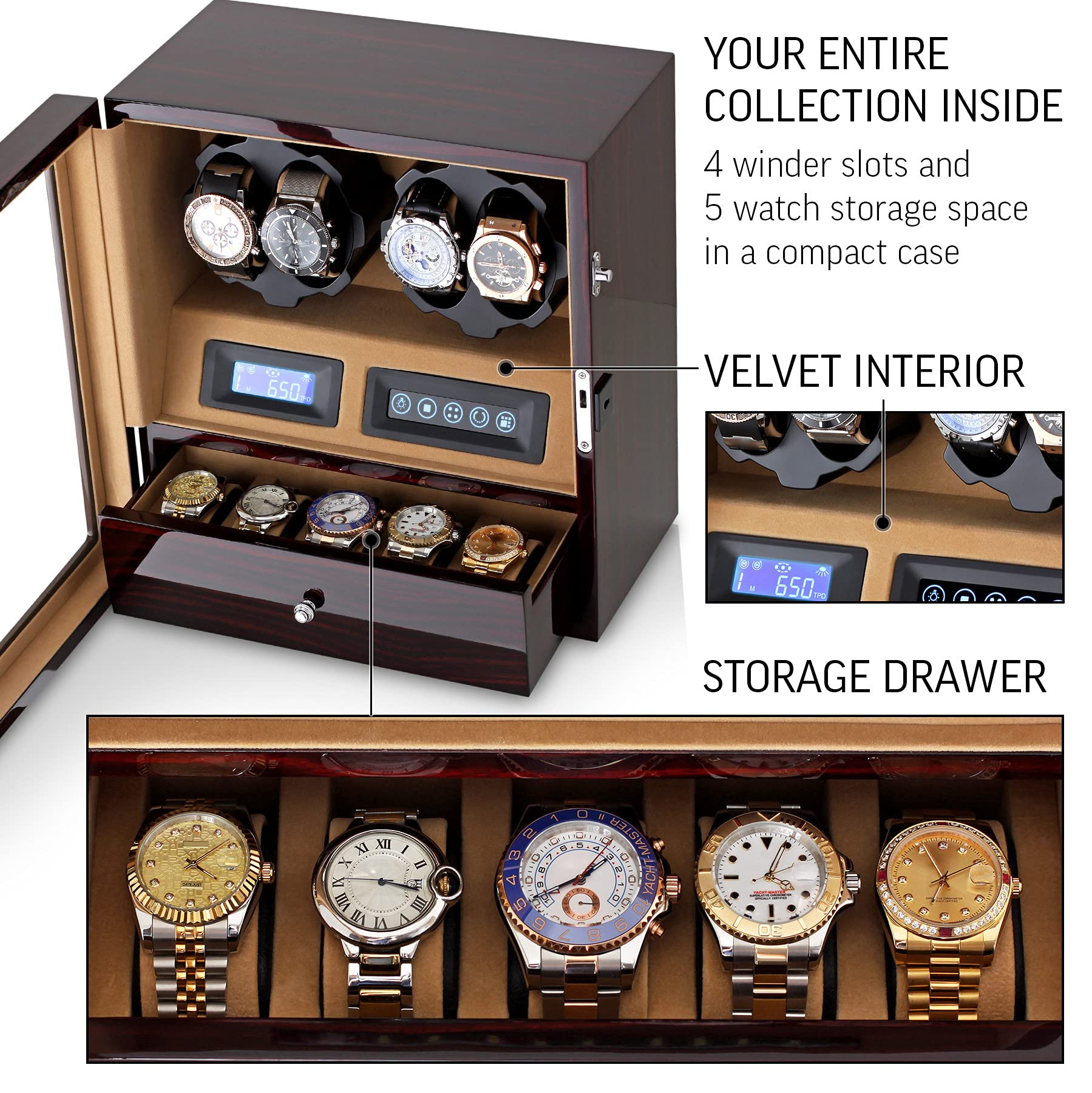 Leader WATCH WINDERS 4 Watch Winder with 5 Watch Storage Space, LCD Display, Touch Control and Interior Light
