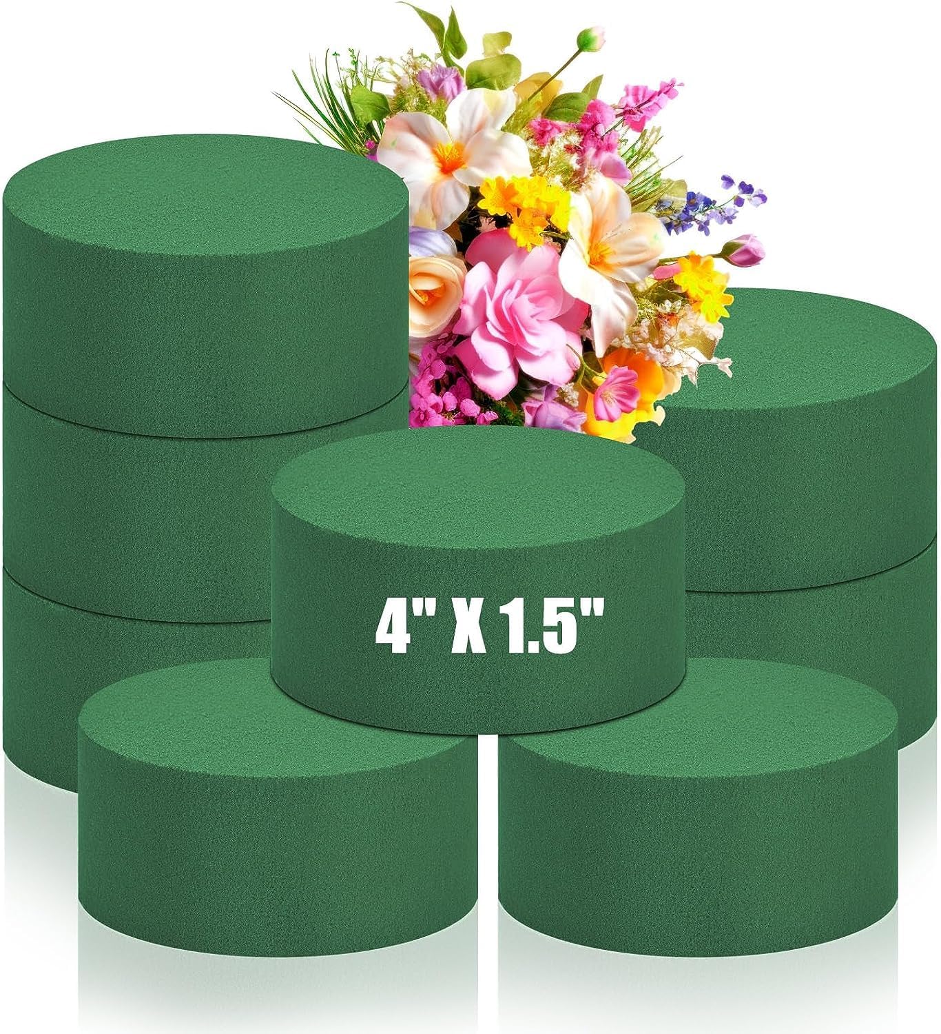 8Pcs Round Floral Foam Blocks, Each Block 4" X 1.5" Green Wet Dry Flower Foam for Fresh and Artificial Flowers, Plant Foam Wedding for Garden Decor DIY Craft, Party Decoration, Flower Arrangements