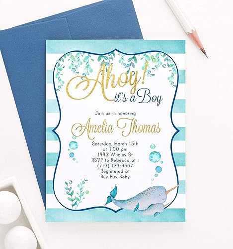 Amazon Com Narwhal Baby Shower Invitations For Boy Personalized Under The Sea Baby Shower Invitations Boy Your Choice Of Quantity And Envelope Color Handmade