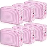 Sanwuta 6 Pcs Seersucker Cosmetic Bag Bulk Pinstripe Makeup Bag for Women Aesthetic Cute Travel Toiletry Organizer Preppy Storage Pouch for Wedding Bridesmaid Christmas Gift (Large,Pink)