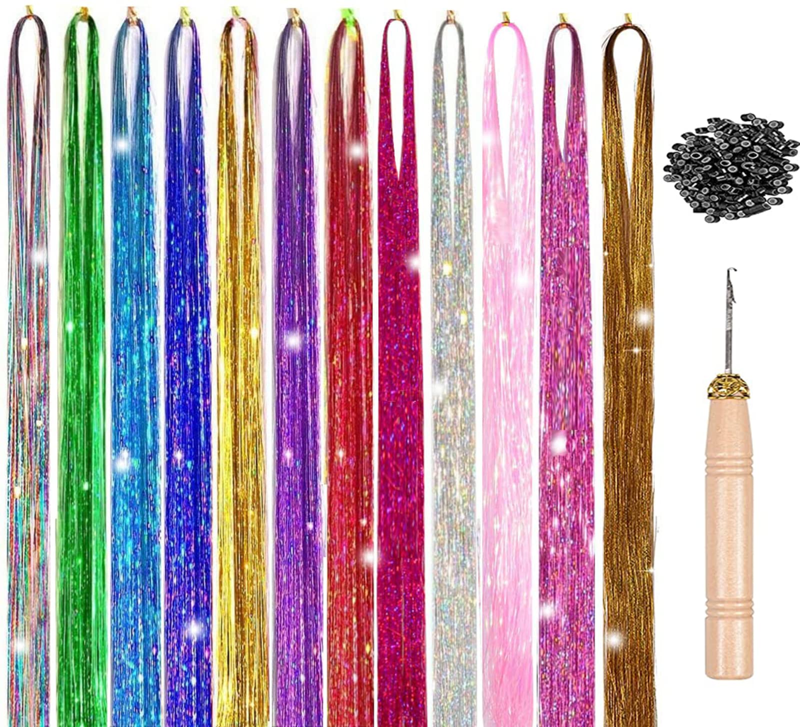 Jinlaili Hair Tinsel Extensions, 12 Colored Synthetic Hair Strands with 200 Micro Rings, 94cm Length, Straight Style, Microlink Installation, 17cm Length