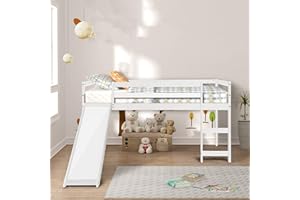 Harper & Bright Designs Kids Low Loft Bed with Slide, Twin Size Wooden Loft Bed Frame, White