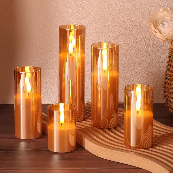 GIRIMAX GOLD GLASS FLAMELESS CANDLES WITH REMOTE BATTERIES, FLICKERING SLIM LED PILLAR CANDLES HOME TABLE DECOR SET OF 5