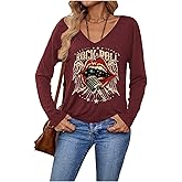 SOLY HUX Women's Graphic Tees V Neck Long Sleeve T Shirt Rock Roll Vintage Casual Tops
