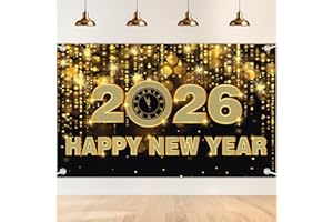MIUCAT Happy New Year Decorations 2026, 70.8 * 45IN Happy New Year Banner 2026 Happy New Years Backdrop for Black and Gold New Years Eve Party Supplies 2026