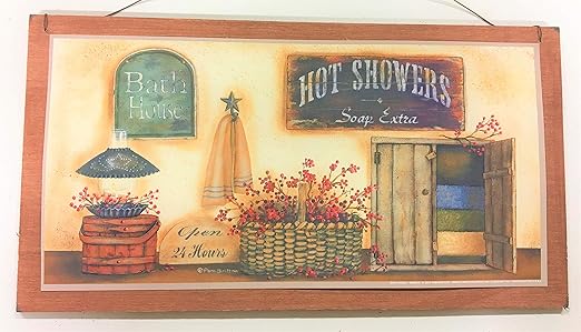 Amazon Com The Little Store Of Home Decor Bath House Open 24 Hours Hot Showers Soap Extra Country Bathroom Wooden Wall Art Sign Towels Berries Stars 6x12 Home Kitchen