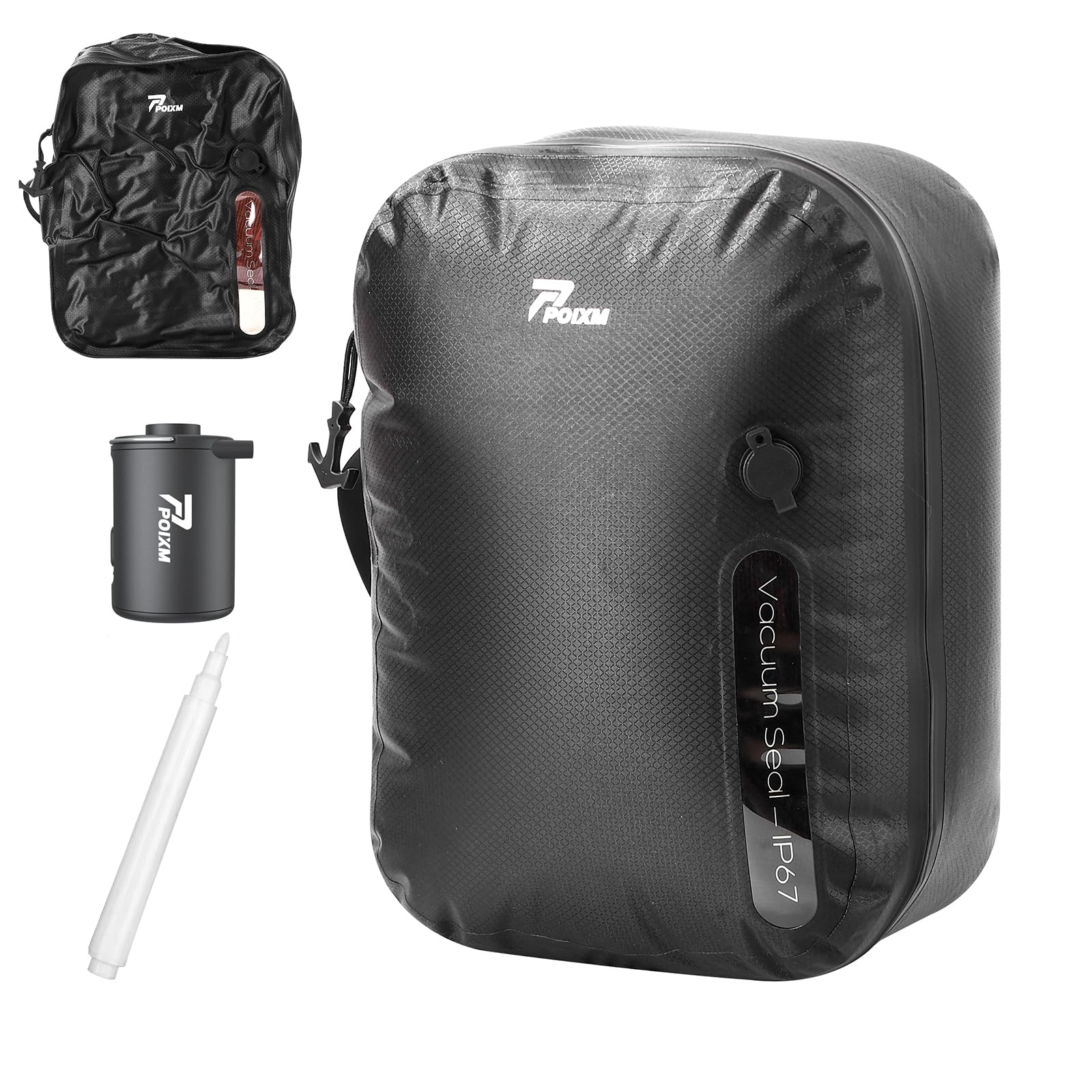Photo 1 of POIXM Vacuum Bags for Travel with Wireless Pump, 180° Open Zipper, IP67 Waterproof, Reusable Space Saver Compression Bags for Backpack, Suitcase, Home Storage(1 Pack + Pump)