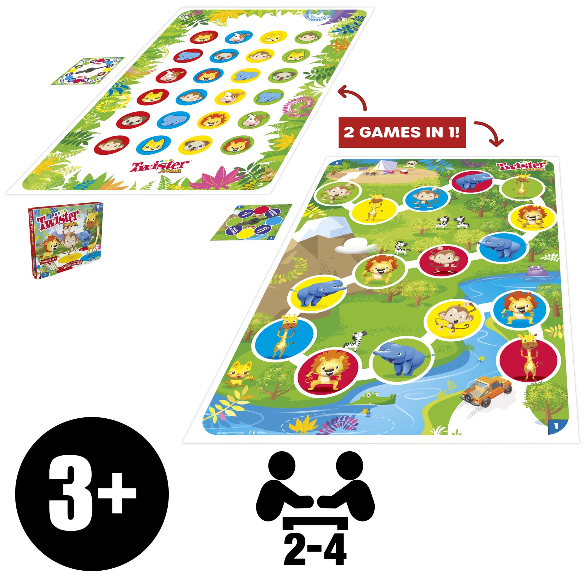 Hasbro Gaming Twister Junior Game, Animal Adventure 2-Sided Mat, 2 Games in 1, Party Game for Kids Ages 3 and Up and 2-4 Players (Amazon Exclusive)