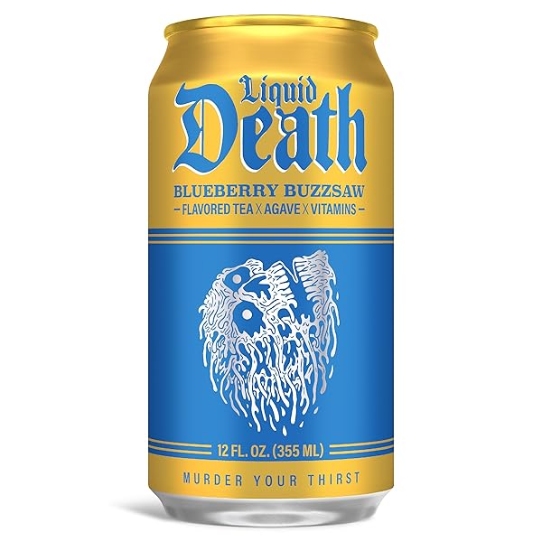 LIQUID DEATH ICED TEA – BLUEBERRY BUZZSAW (BLUEBERRY-FLAVORED BLACK TEA), LESS SUGAR*, BOOST OF CAFFEINE, B VITAMINS, NO ARTIFICIAL SWEETENERS, 12 FL OZ (PACK OF 12)