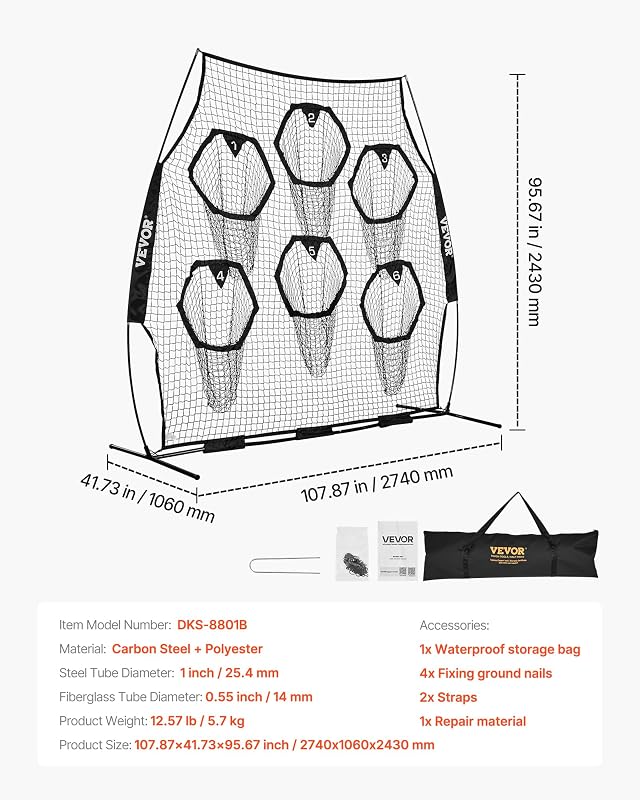 Rete da Allenamento Portatile Rete Rimbalzo per Calcio Rugby Baseball 274 x 106 x 243 cm con 6 Tasche per Bersagli, Borsa Portaoggetti Portatile e Cinghie, Allenamento con Bersaglio, Nero