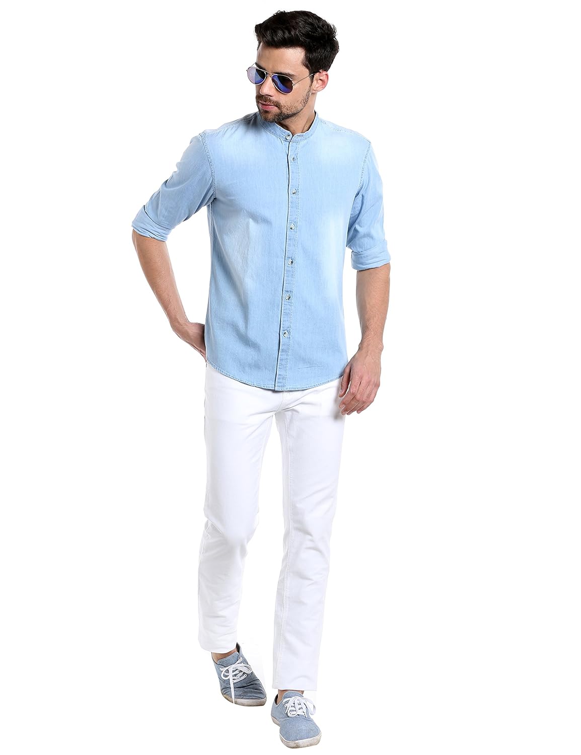 dennis lingo men's denim light blue solid casual shirt
