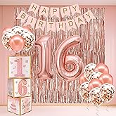 Sweet 16 Party Decorations,16th Birthday Boxes Decor for Girls Women Sweet Sixteen Happy Birthday Banner Kits Pink Rose Gold Foil Balloons Party Supplies Rose Gold Tassel Curtain