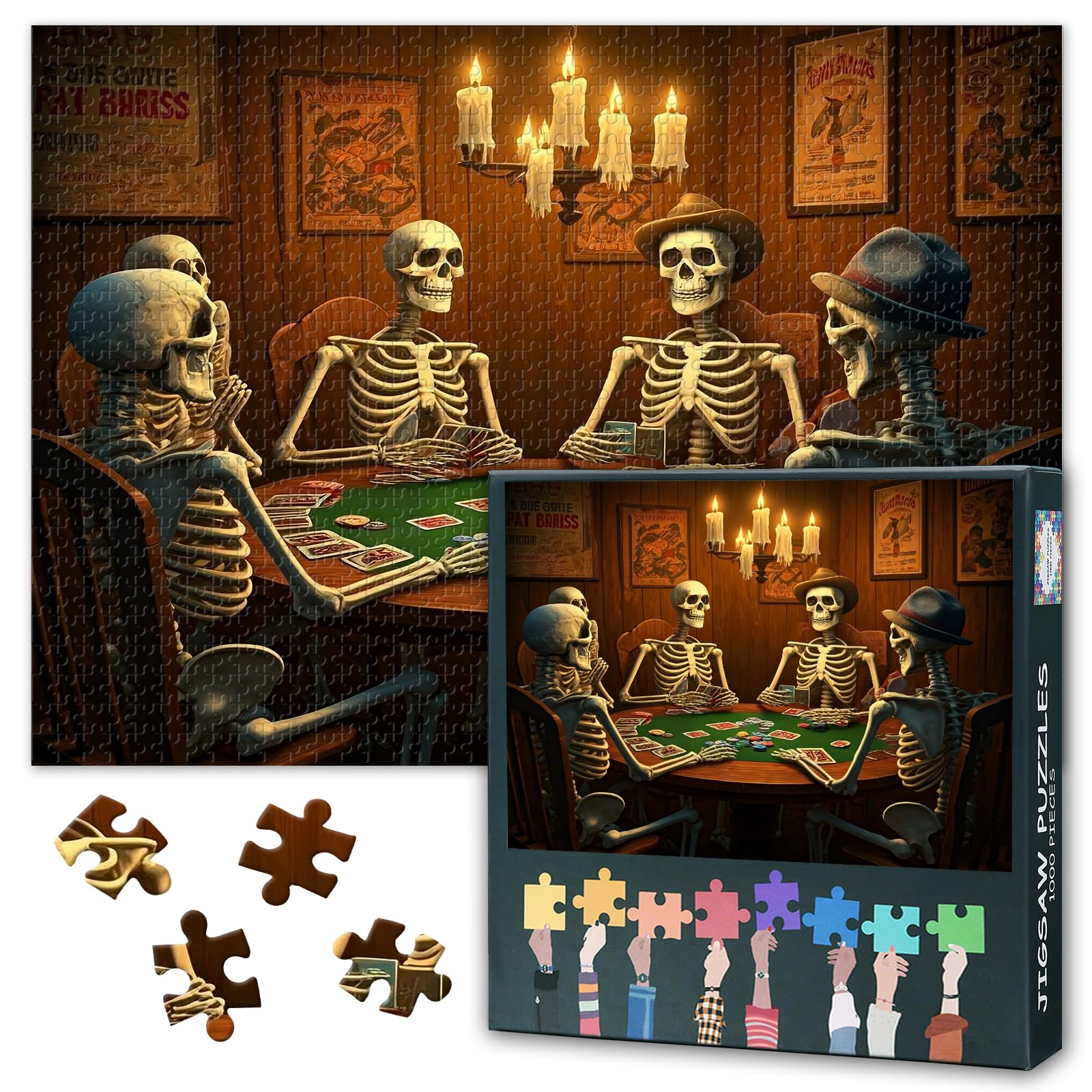 Skeleton Puzzles for Adults 1000 Pieces, Skeletons Playing Poker Jigsaw Puzzle, Skull Jigsaw Puzzles, Challenging Game Home Decor Birthday Party Gift Toy for Adults Seniors 20X27 INCH