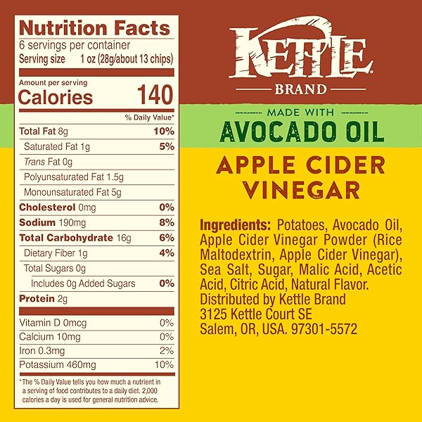 KETTLE BRAND MADE WITH AVOCADO OIL APPLE CIDER VINEGAR CHIPS, 6 OZ BAG