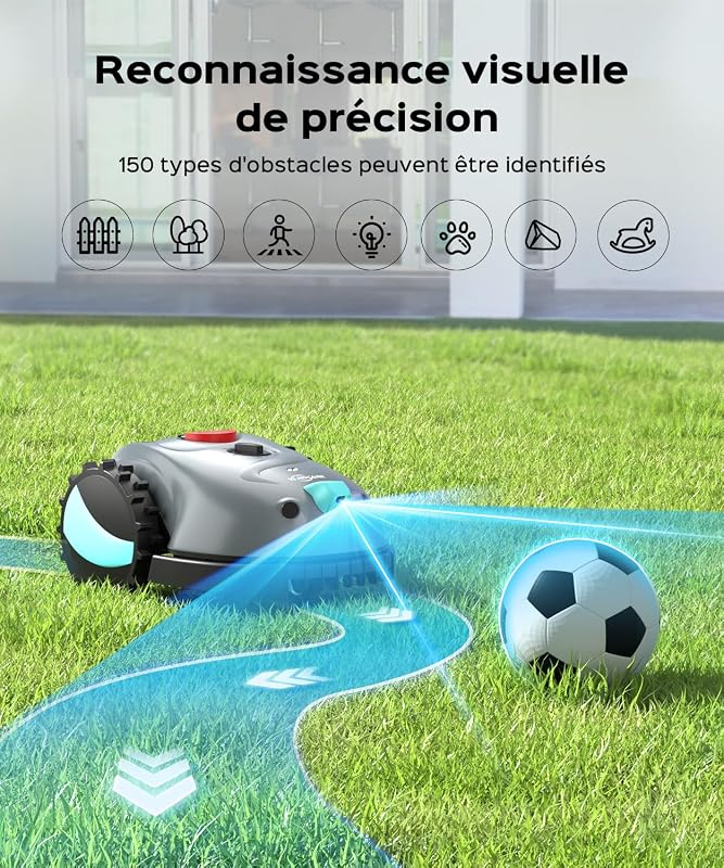 V100 Robot Tondeuse sans Fil Périphérique, avec Caméra, évitement d'obstacles, Navigation Visuelle, 150㎡ Robot Tondeuse Gazon Batterie 4 Ah, avec Lames de Rechange, Coupe en Spirale