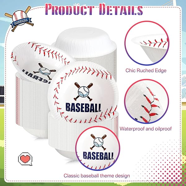 RIMCEREAL 100 PCS 16OZ BASEBALL PARTY SUPPLIES DISPOSABLE PAPER PLATES BOWLS FOOD NACHO TRAY FOR BASEBALL BIRTHDAY DECORATIONS