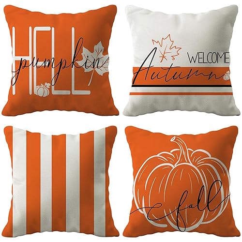 Dotegu Fall Pillow Covers 18x18 Set of 4 Hello Pumpkin Farmhouse Decorations Orange Stripes Leaves Outdoor Autumn Thanksgiving Farm Pillows Decorative for Home Couch Décor