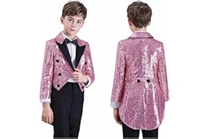 LUNUAOE Boys Kids Tail Sequin Jacket Tuxedo Coat Slim Fit Tailcoat Swallowtail Blazer for Prom Wedding Birthday Party Circus Show