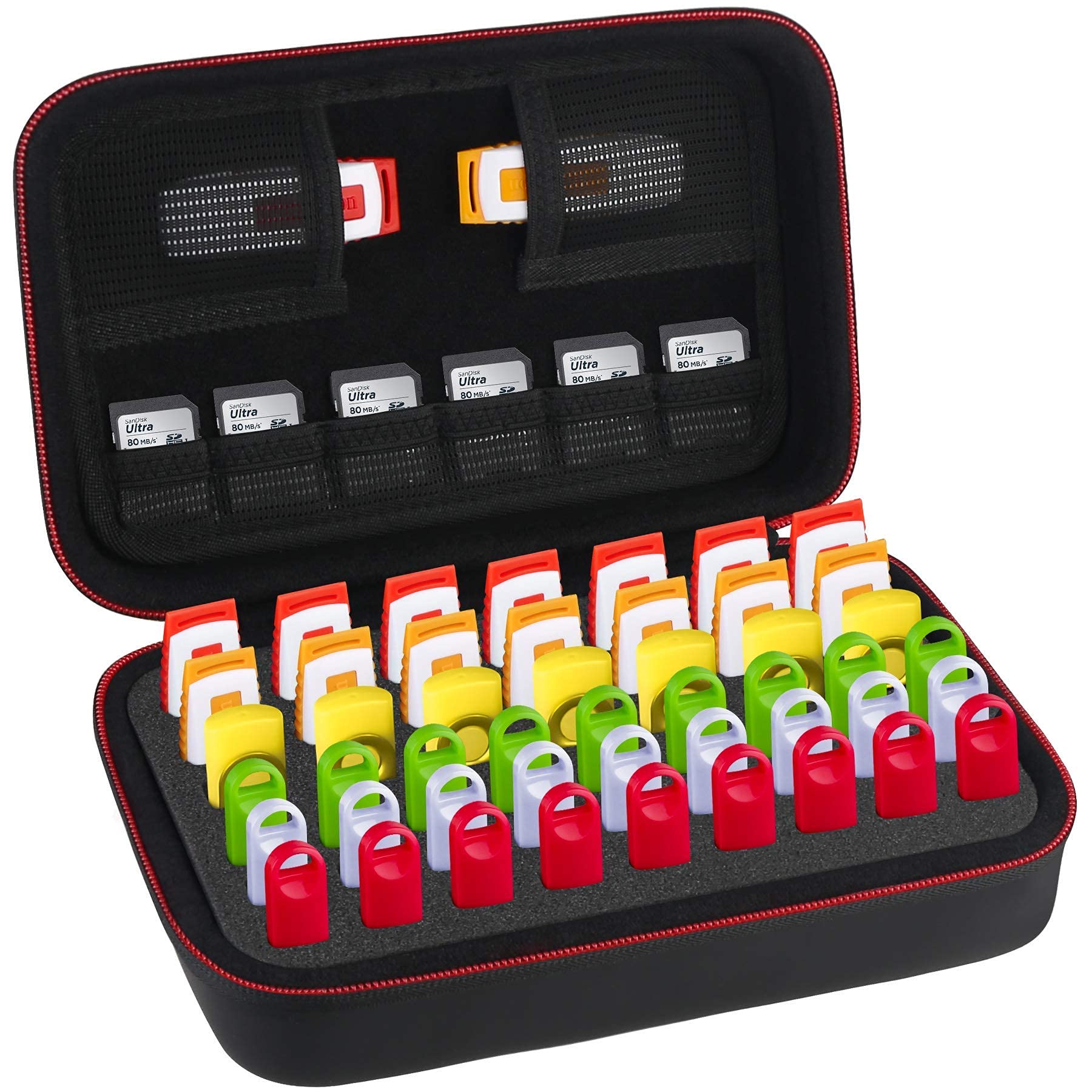 BOVKE USB Flash Drive Case Organizer SD Cards Stick Case Thumb Drive Memory Holder for SanDisk/Samsung/Netac/PNY/TOPESEL USB Pen Drives - Extra Mesh Pocket for Memory Micro Cards, Black