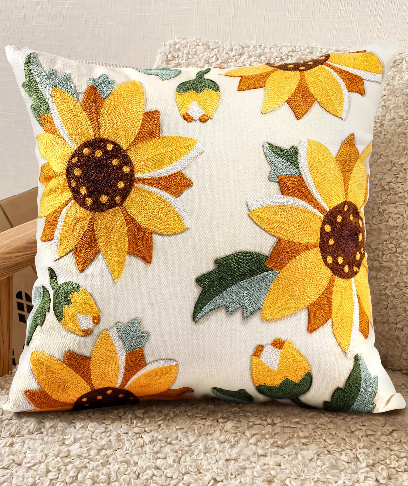 Photo 1 of Kokaaee Embroidered Throw Pillow Covers - 18x18 Decorative Pillow Covers with Zipper Aesthetic Cute Design Boho Summer Linen Throw Pillowcases for Living Room Couch Sofa Bed, Sunflower