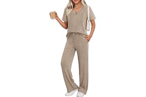 Ekouaer Women's 2 Piece Lounge Set Casual Summer Outfits Ribbed Short Sleeve & Wide Leg Pants Matching Set for Travel Home