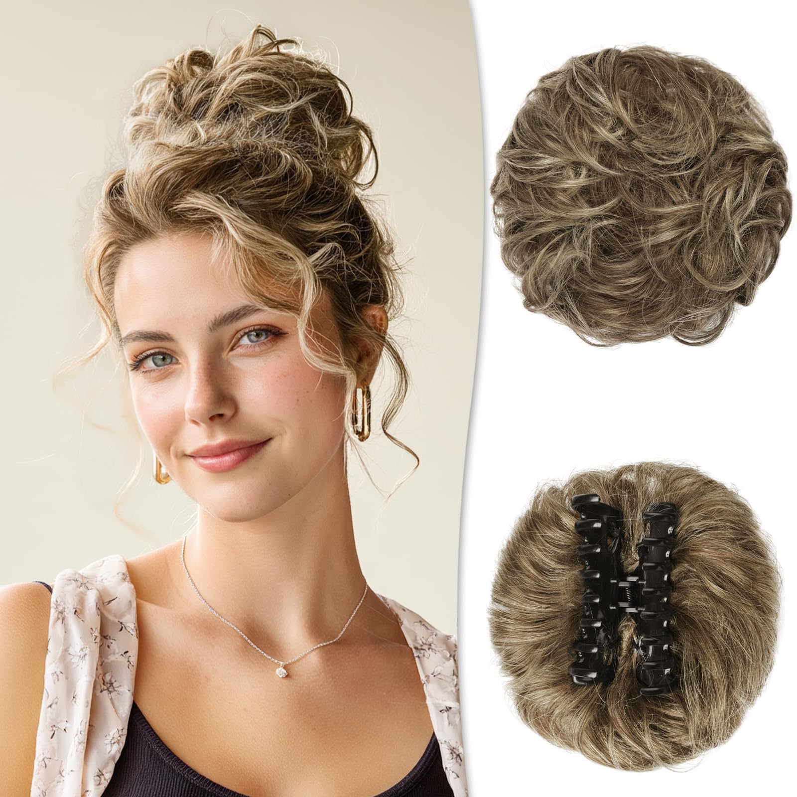 Photo 1 of RUWISS Claw Clip Messy Bun Hair Piece Real Human Hair Buns Wavy Curly Chignon Hair Bun Extensions Tousled Updo Claw Clip Ponytail Hairpieces for Women?Brown to Blond?
