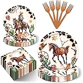 Lianxuia 96 PCS Western Theme Cowboy Party Decorations, Disposable Wild West Parties Paper Plates Napkins Forks Set for 24 Guests, Rodeo Horse Party Supplies for Baby Shower Birthday Country Decor