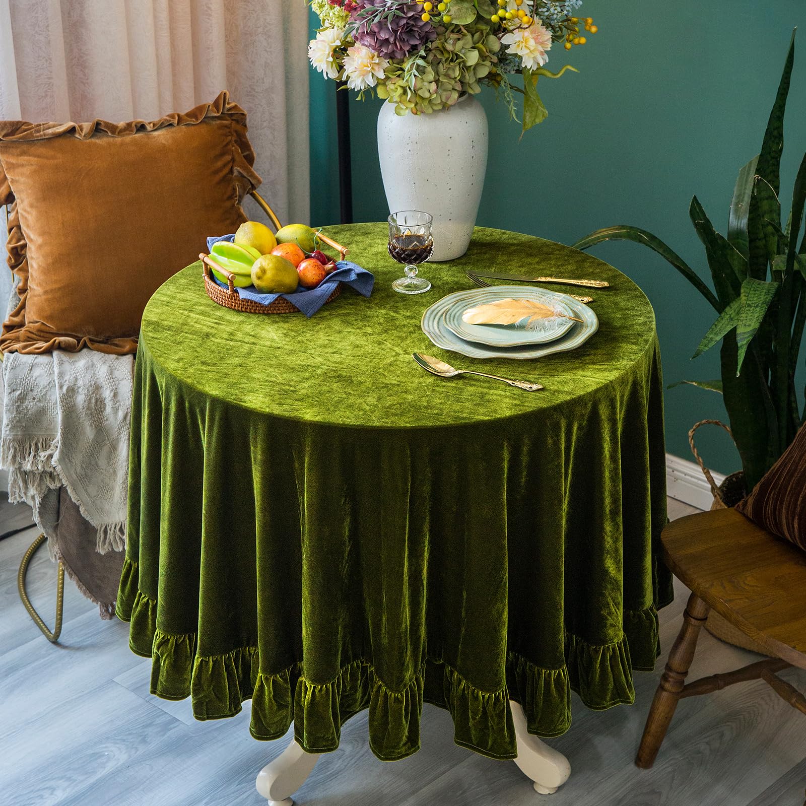 Photo 1 of GLORY SEASON Velvet Tablecloth Luxurious Solid Round Table Cloth,Oblong Retro Farmhouse Ruffle Tablecloths Washable Table Cover for Party Wedding Baby Shower Kitchen Dinning Tabletop Decoration