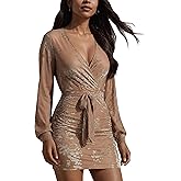 YMDUCH Women Sexy V Neck Long Sleeve Velvet Floral Bodycon Ruched Mini Cocktial Party Dress