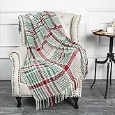 G Lake Green Red Plaid Blanket Throw Acrylic Soft Reversible Dyed Fringed Bed Blanket for Christmas Indoor Decorations 50" W x 67" L -Christmas Color