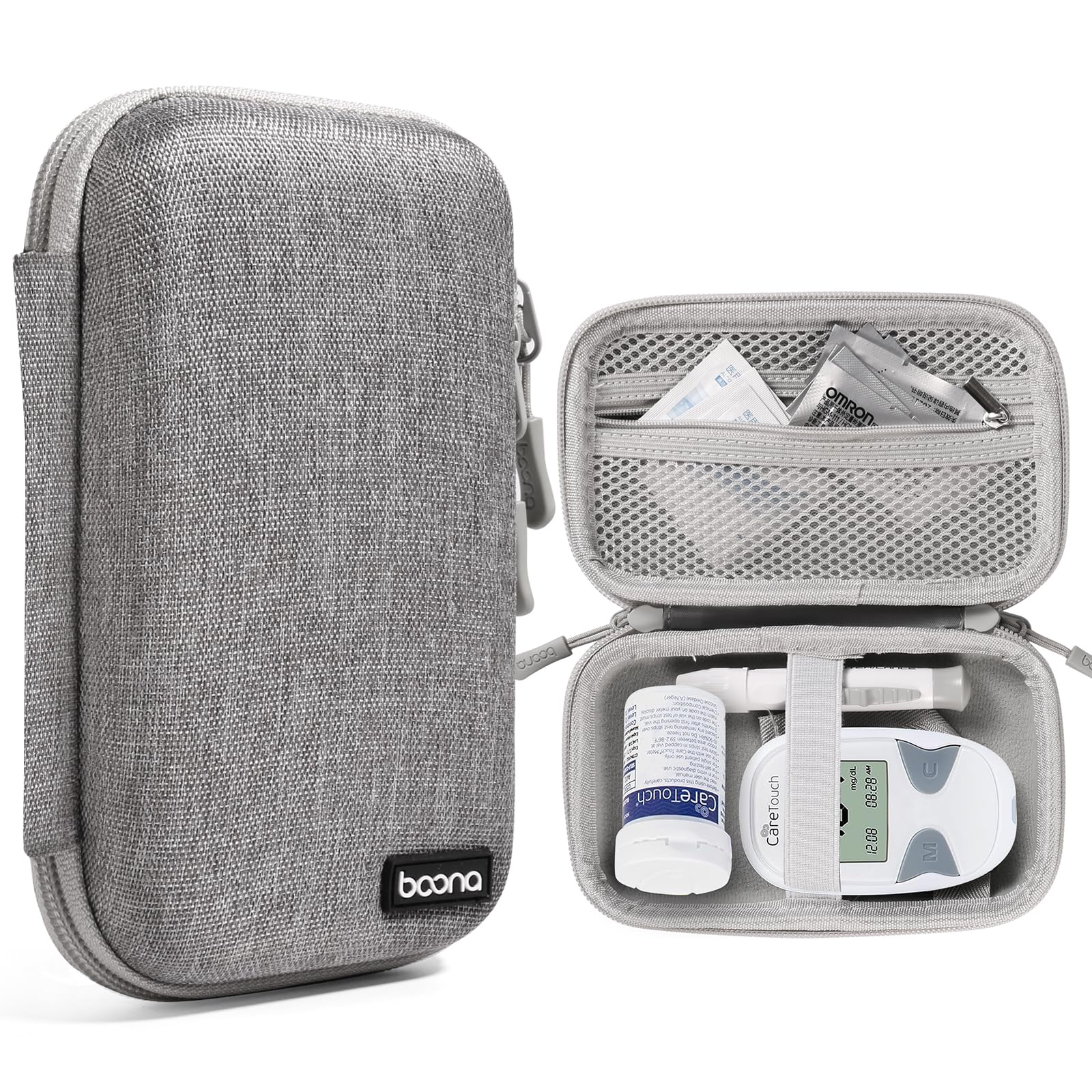 Photo 1 of Diabetes Travel Case EVA Hard Shell Diabetic Supplies Bag Organizer for Blood Sugar Testing Kit, Glucose Monitor Kit with Meter, Glucose Test Strips, Lancets, Lancing Device, Alcohol Wipe (Gray)