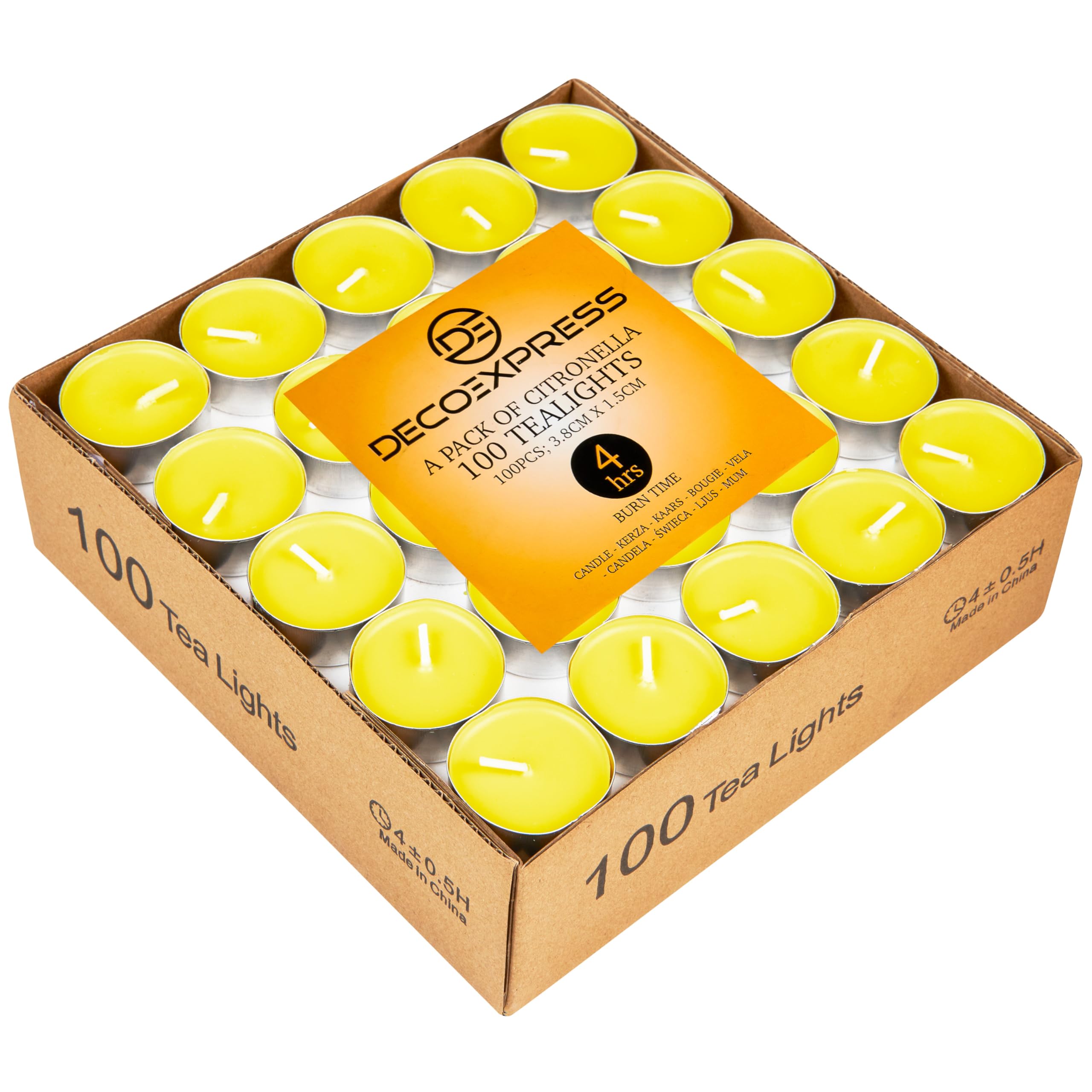 Deco Express Citronella Tealight Candles Multipack of 50 or 100-4 or 8 Hours Burning Time Outdoor Candles (4 Hours x 100)