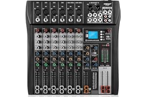 KASCHUN Professional Audio mixer, 6 channel mixer sound Board mixer DJ Mixing，Equipped with 48V phantom power USB recording Bluetooth MP3 player, studio audio mixer suitable for DJ studio streaming recording