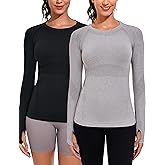 WANAYOU Long Sleeve Workout Tops for Women Underscrub Compression Athletic Shirts Seamless Running Top Quick Dry Gym Yoga