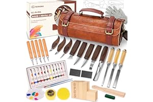 K KERNOWO Wood Carving Kit, 50Pcs Wood Carving Tools with 4 Style Templates & 2 Finish Supplies, Wood Whittling Kit with 3 Style Knives & 6pcs Basswood Blocks for DIY and Carving Beginners