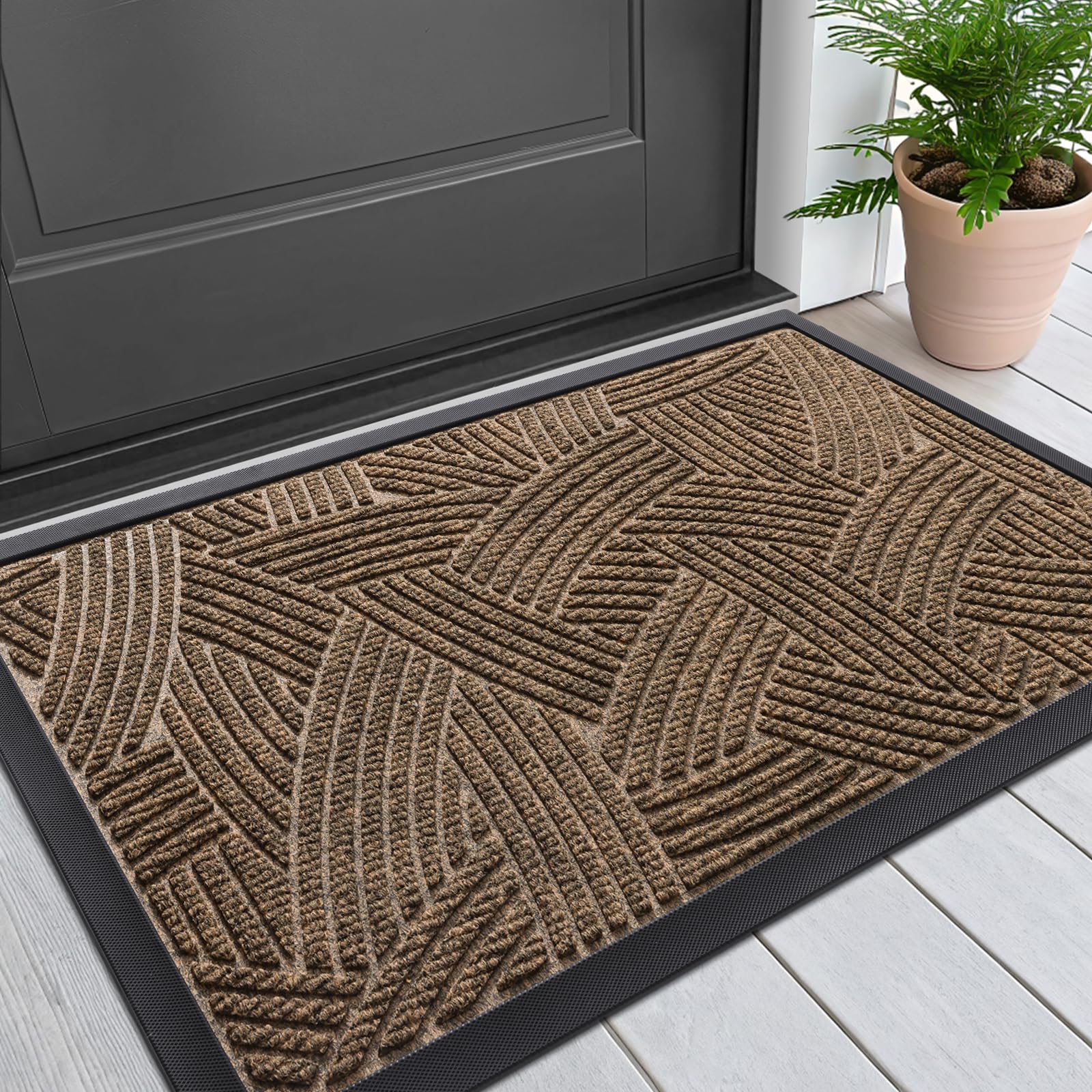 Photo 1 of Smiry Front Door Mat Indoor Outdoor Entrance, Heavy Duty Natural Rubber, Sturdy Trap Dirt, Moisture Doormat and Easy Clean Low Profile Patio Porch Entryway Mat, 29.5x17 Inch, Brown/Geometric