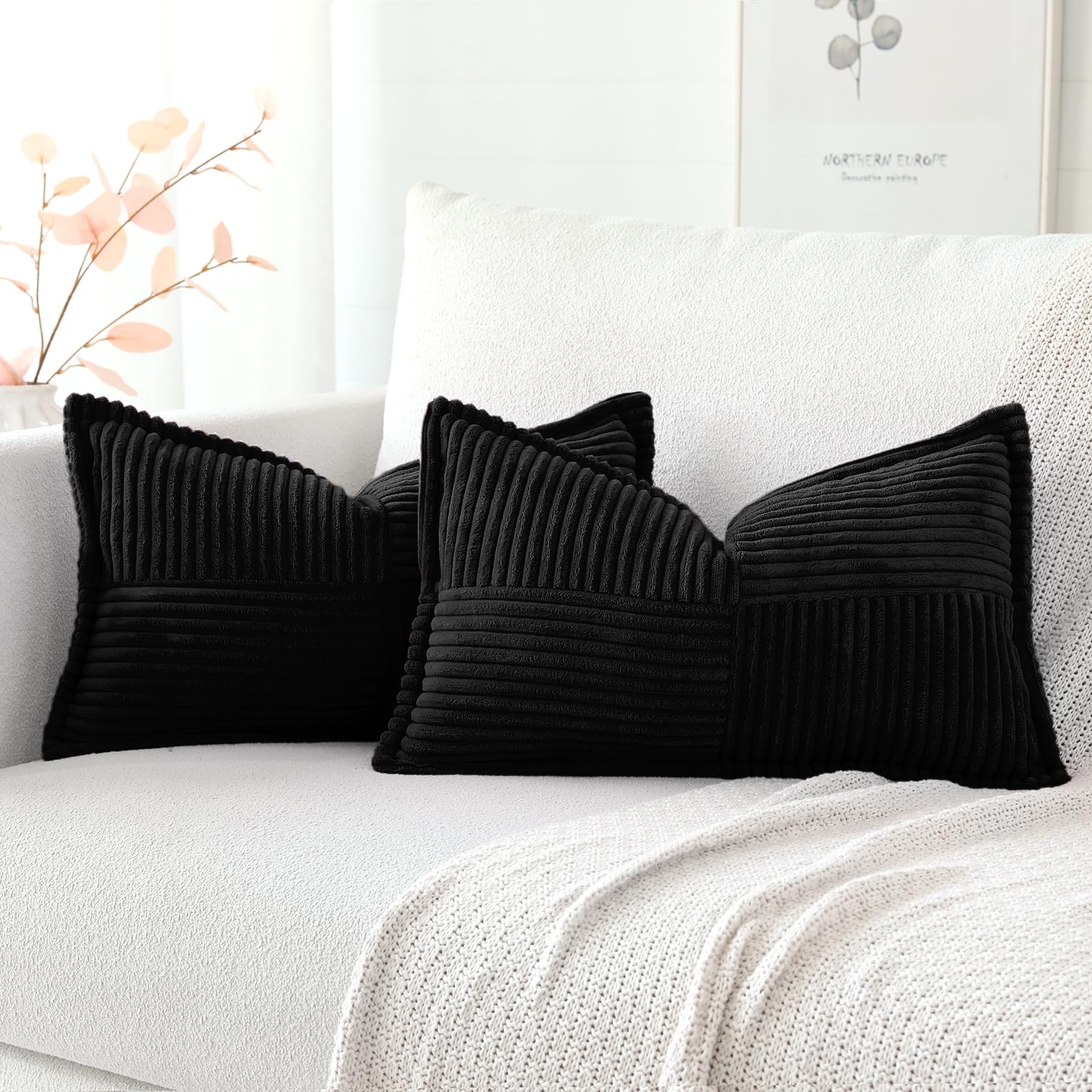 Artscope Corduroy Cushion Covers Pack of 2 Modern Patchwork Throw Pillow Covers Soft Pillowcase Broadside Decorative Textured Cushions for Home decor Sofa Bedroom Couch Black 40x60cm
