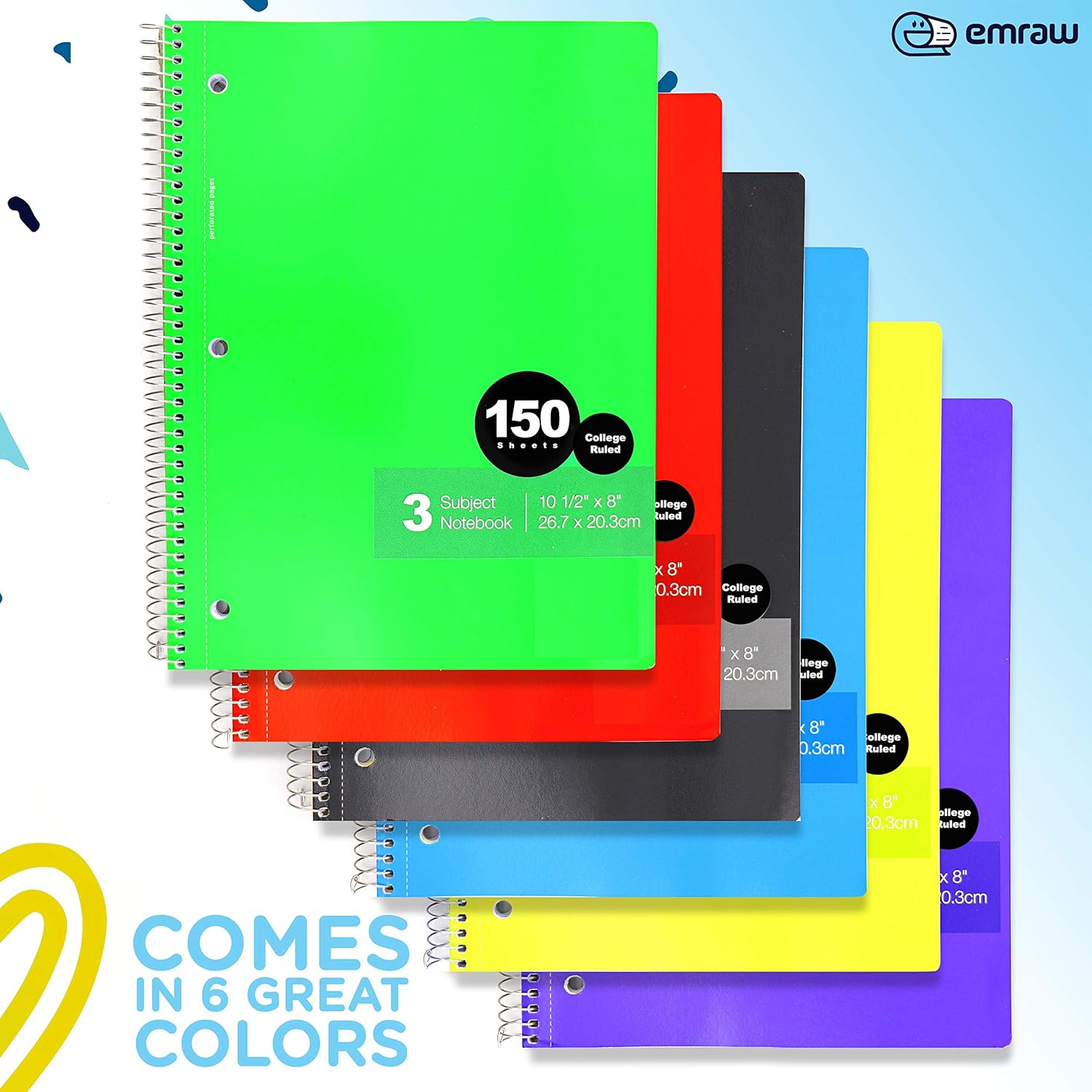 Emraw 5 Subject Spiral Notebooks Wide Ruled 150 Sheets Ideal for Class Assignments, Homework, Planning and General Notes (Pack of 6) : Office Products