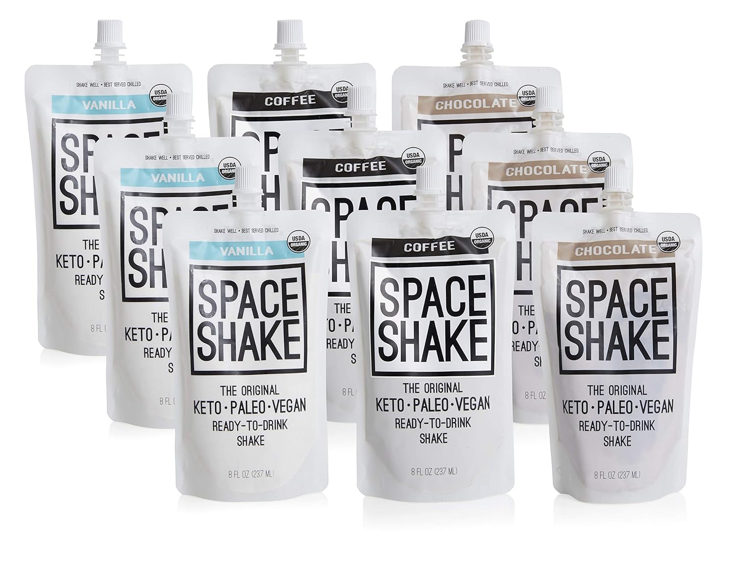 Space Shake Ready-to-Drink Keto Shake Variety Pack, Paleo-Friendly, Vegan, 3 Each Vanilla, Coffee, and Chocolate, 8 Ounce, Pack of 9