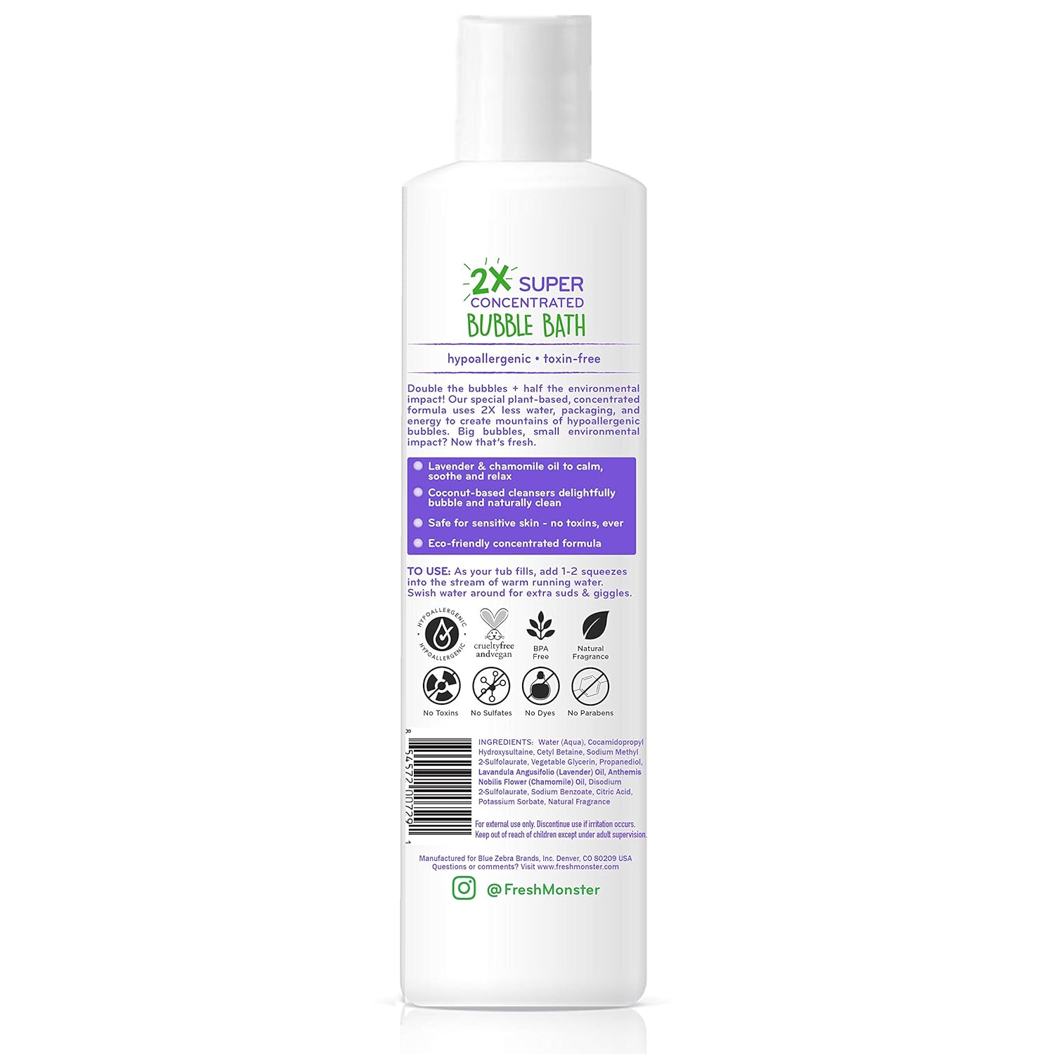 Fresh Monster Bubble Bath Kids, Natural, 2X Super Concentrated, Hypoallergenic and Calming Lavender (1 Count, 8.5oz): Beauty